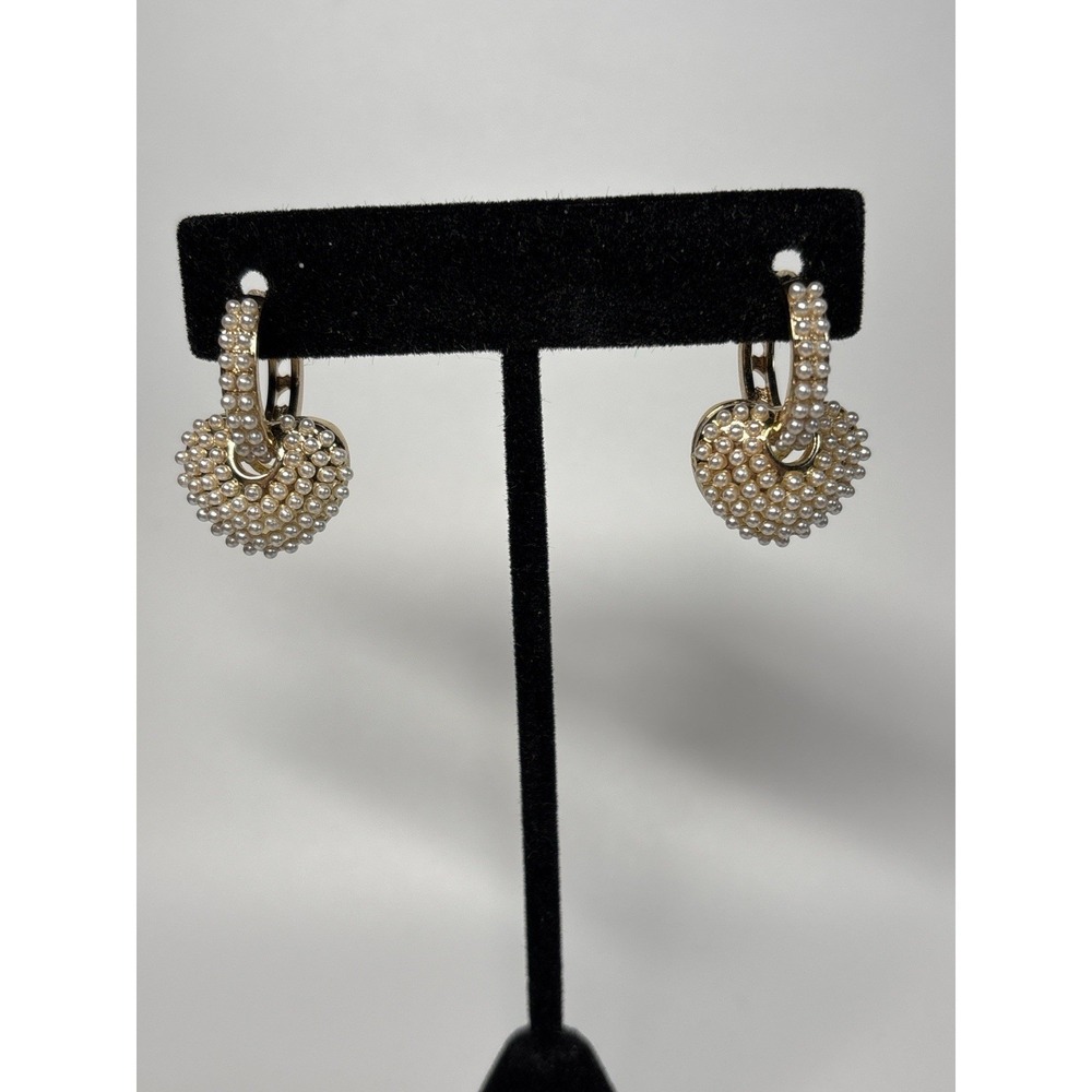 Vintage Gold Tone Heart Hoop Dangle Earrings Seed Pearl Romantic Classic Jewelry